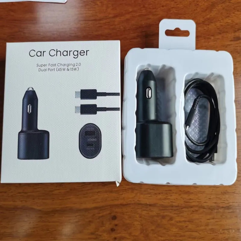 OEM Samsung 45W Fast Charging Car Charger with USB-C to USB-C Cable – Dual Port (USB-A + USB-C)