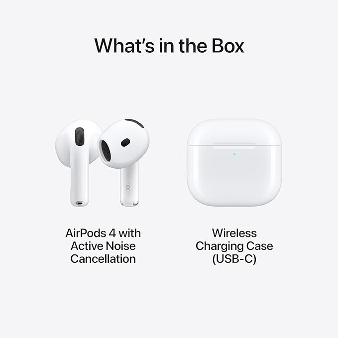 Apple AirPods 4 with Active Noise Cancellation, Wireless Earbuds, Bluetooth Headphones, Adaptive Audio, Transparency Mode, Personalised Spatial Audio, USB-C Charging Case, Wireless Charging, H2 Chip