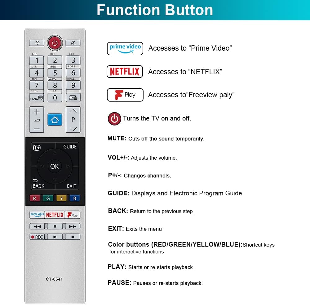 CT-8541 CT8541 30101774 RC42150P Remote Control for Toshiba UHD 2018 2019 Ready HD LCD LED TV with Prime Video Netflix F play Buttons