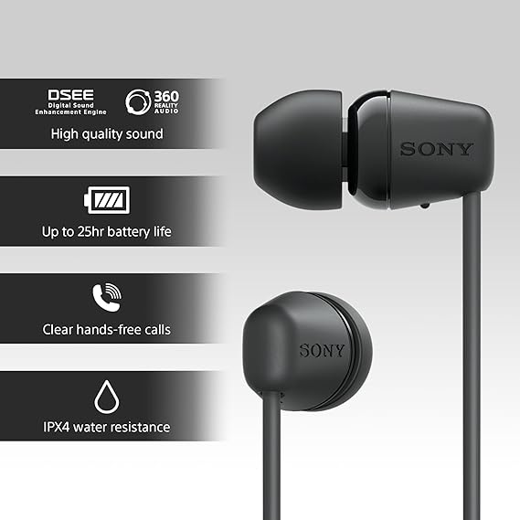 Sony WI-C100 Wireless In-ear Headphones - Up to 25 hours of battery life - Water resistant -Built-in mic for phone calls - Voice Assistant compatible - Reliable Bluetooth® connection - Black