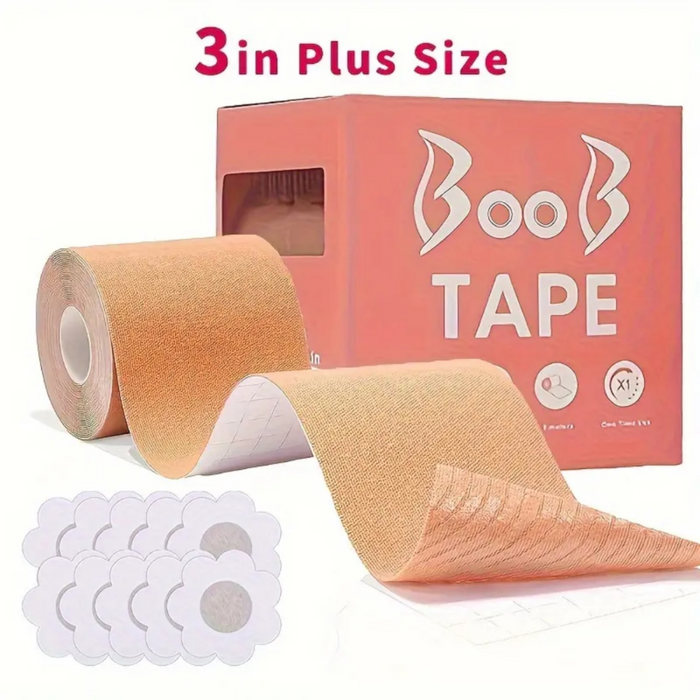 Breast Tape with 2 Nipple Cover Boob Tape for all sizes & occasions from casual wear to formal events, sports to swimwear. Offers comfortable, all-day hold, easy removal, reusable for natural lift, cleavage & firm support