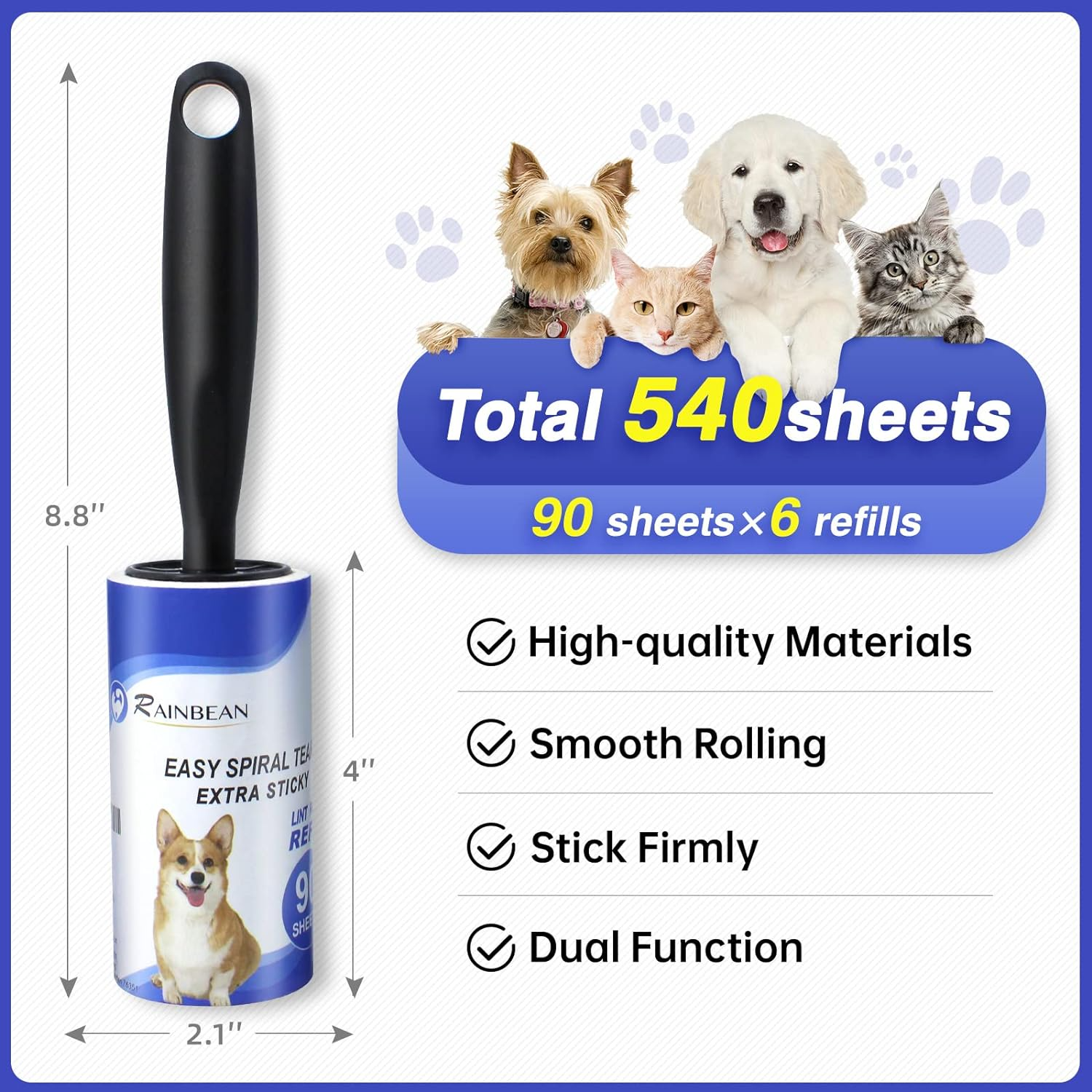 RAINBEAN Lint Rollers for Pet Hair Extra Sticky, 540 Sheets 6 Refills Lint Roller With 2 Upgrade Handles