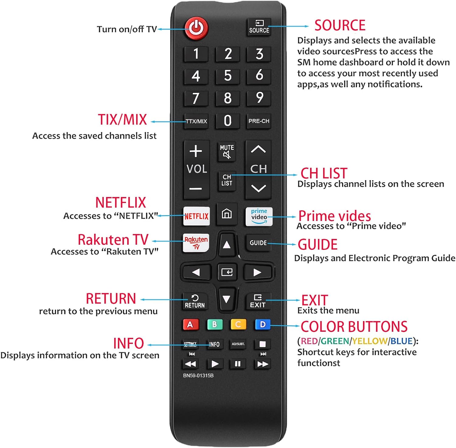 Samsung Universal Remote Control with Netflix, Prime Video & Hulu Buttons – Compatible with All Samsung Smart TVs, 4K, QLED, UHD, and LED Models