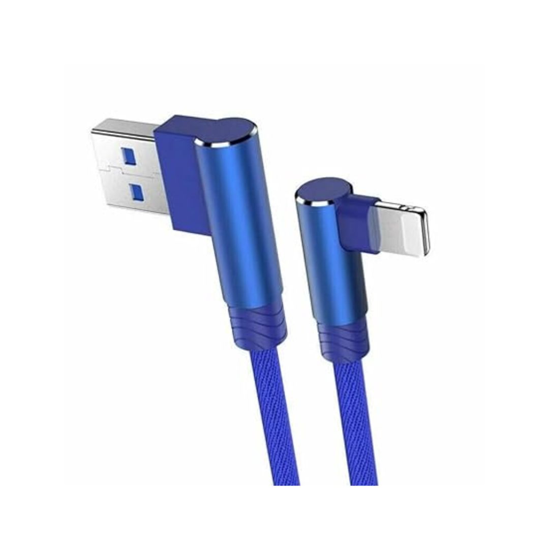 A blue 90 Degree right angle Lightning cable for iPhone with a braided design.