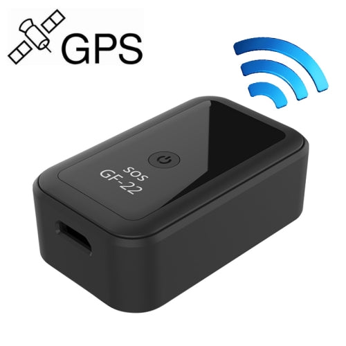 A black GF22 magnetic mini GPS tracker with a visible GPS symbol, indicating its positioning feature.