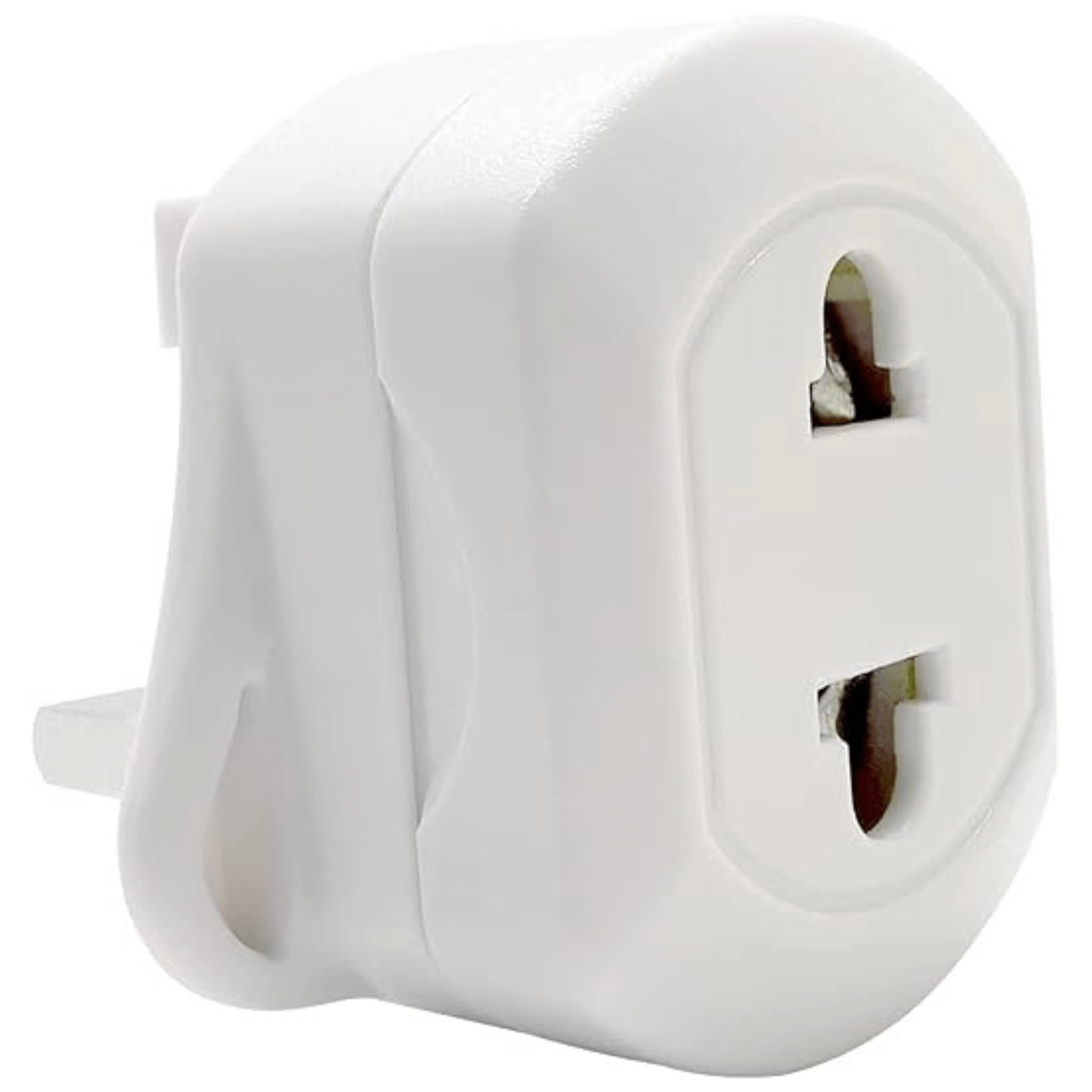 A white universal EU to UK travel adapter with a 2-pin to 3-pin plug converter.