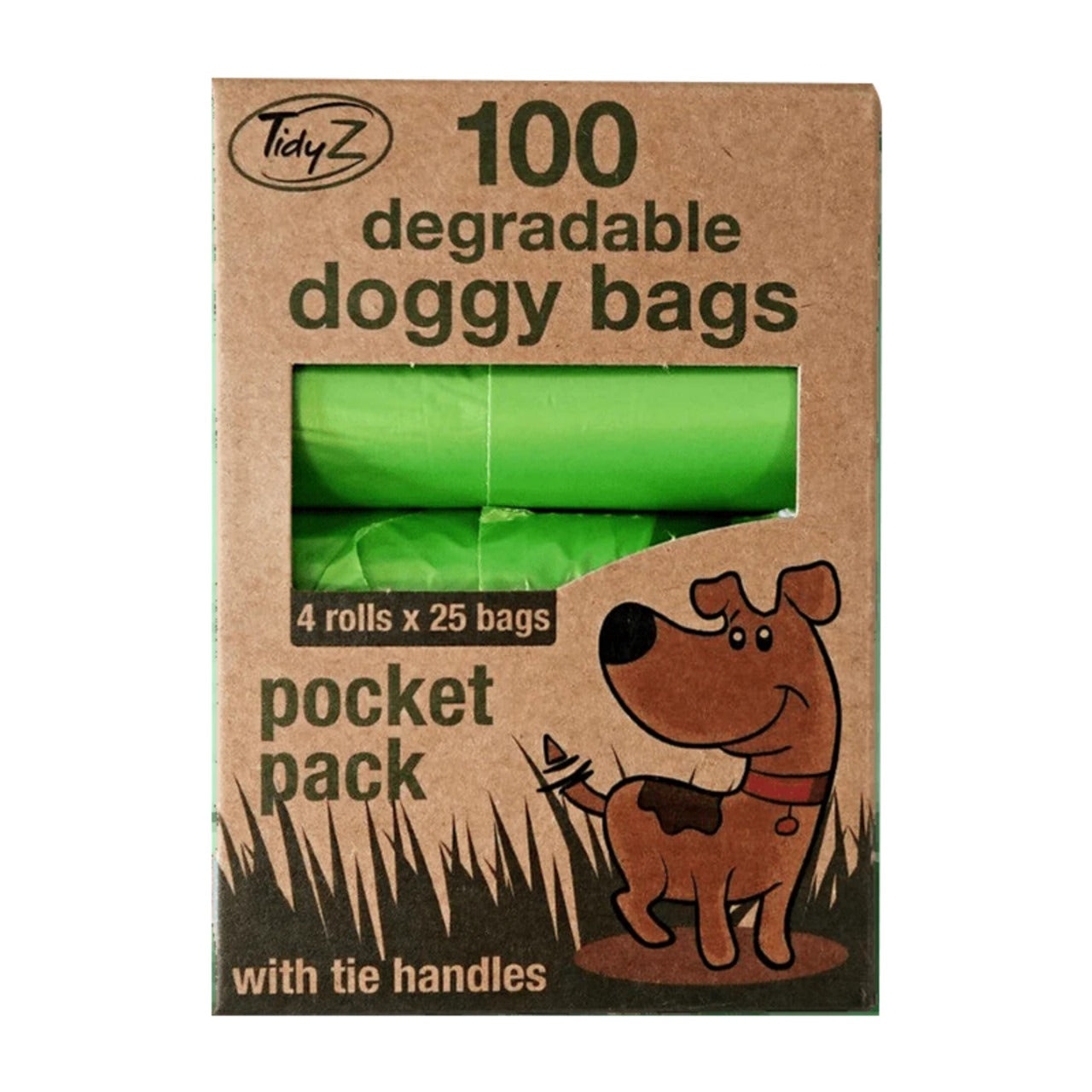 100 Count - Tidy-Z Dog Poop Bags with Tie Handles - 100% Leak-Proof, Extra Thick, Eco-Friendly, Pocket Pack 4x 25 Rolls, Green (32x36cm), biodegradable dog poop bags, tie handles, leak-proof dog waste bags, extra thick doggy bags