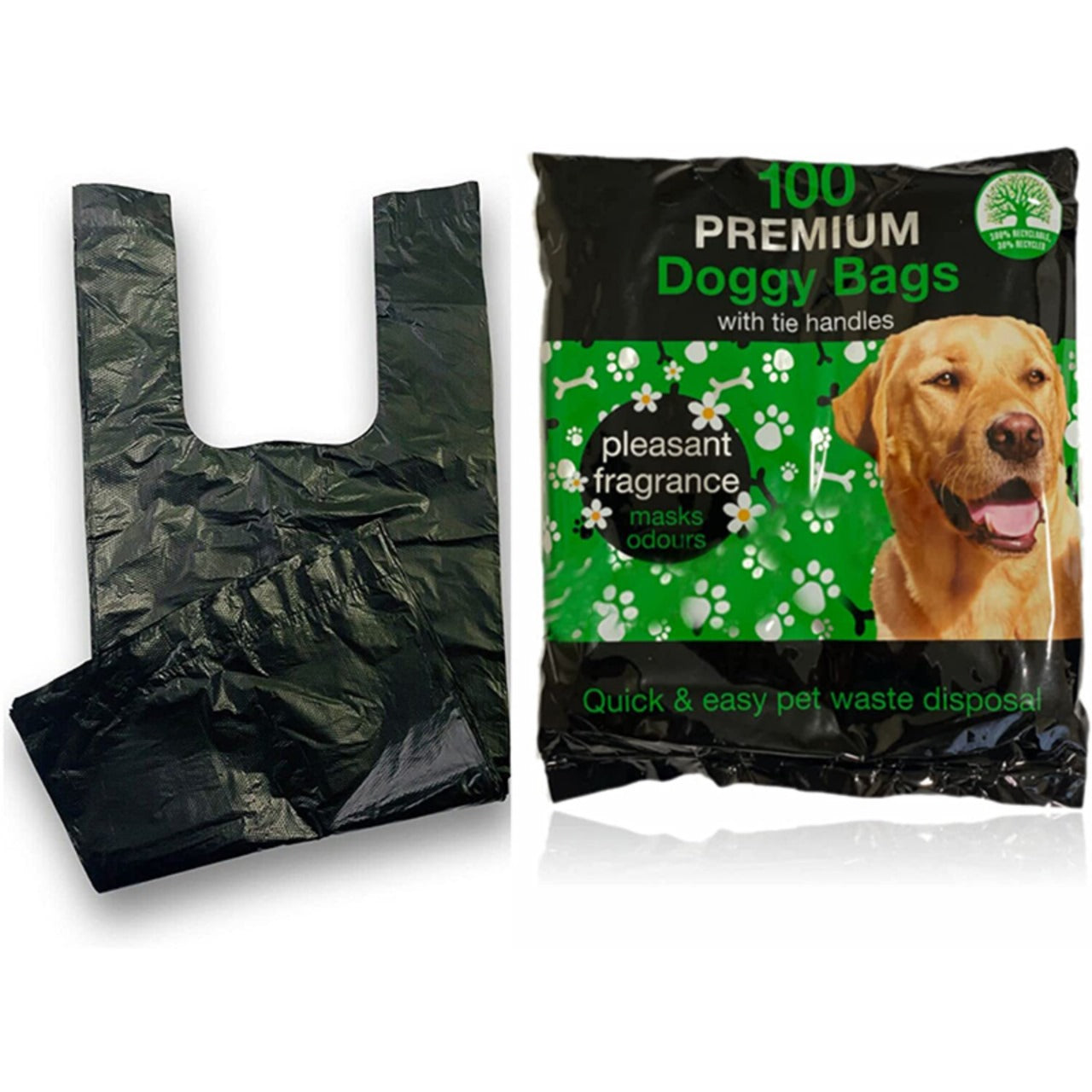 100 Pcs Premium Extra Strong Leak Proof Biodegradable Doggy Poo Bags with Tie Handles, Eco-Friendly and Scented, Ideal for Dogs, Cats, and Pets – Size 26x34