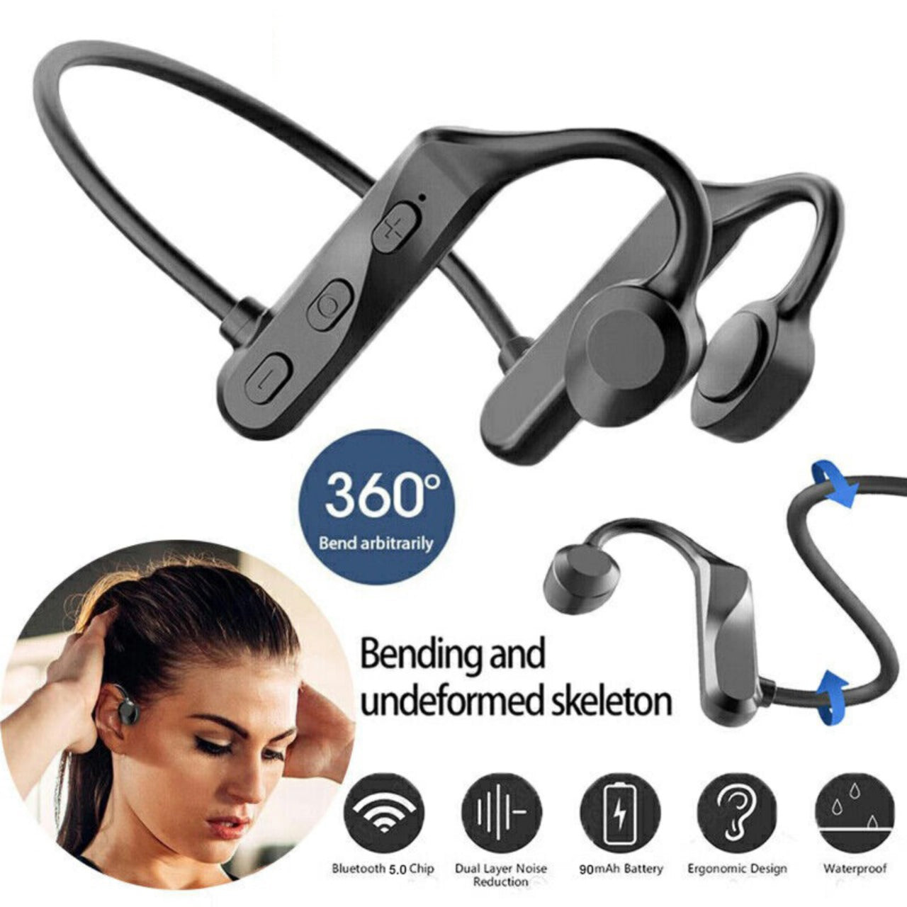 Black K69 Bone Conduction Wireless Earphones – Bluetooth 5.2 Open-Ear Sport Headphones with Mic, Sweatproof, Lightweight, for Running, Cycling, Gym Alloy Audio Headset Memory Titanium Waterproof Earbud Electronic