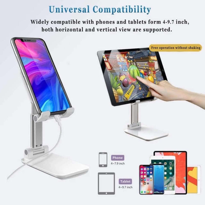 Mobile Phone Stand for Desk - Adjustable Phone Holder for all iPhone and Smart Phone, Tablet 4"-10" - Stylish White Desktop Phone Stands for Enhanced Comfort and Hands-Free (White) Accessories Foldable Cellphone Smartphone Mount Folding