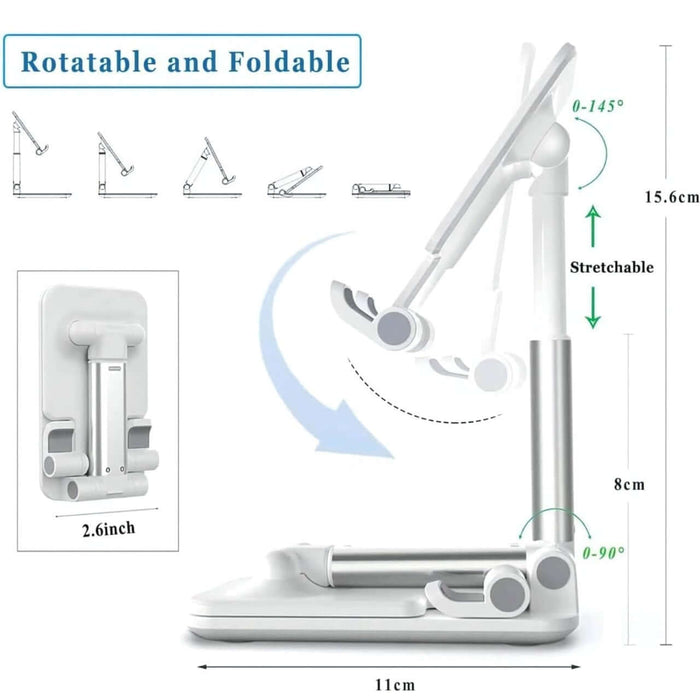 Mobile Phone Stand for Desk - Adjustable Phone Holder for all iPhone and Smart Phone, Tablet 4"-10" - Stylish White Desktop Phone Stands for Enhanced Comfort and Hands-Free (White) Accessories Foldable Cellphone Smartphone Mount Folding