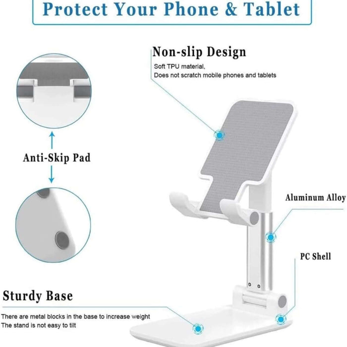 Mobile Phone Stand for Desk - Adjustable Phone Holder for all iPhone and Smart Phone, Tablet 4"-10" - Stylish White Desktop Phone Stands for Enhanced Comfort and Hands-Free (White) Accessories Foldable Cellphone Smartphone Mount Folding