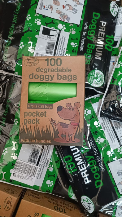 100 Count - Tidy-Z Dog Poop Bags with Tie Handles - 100% Leak-Proof, Extra Thick, Eco-Friendly, Pocket Pack 4x 25 Rolls, Green (32x36cm), biodegradable dog poop bags, tie handles, leak-proof dog waste bags, extra thick doggy bags