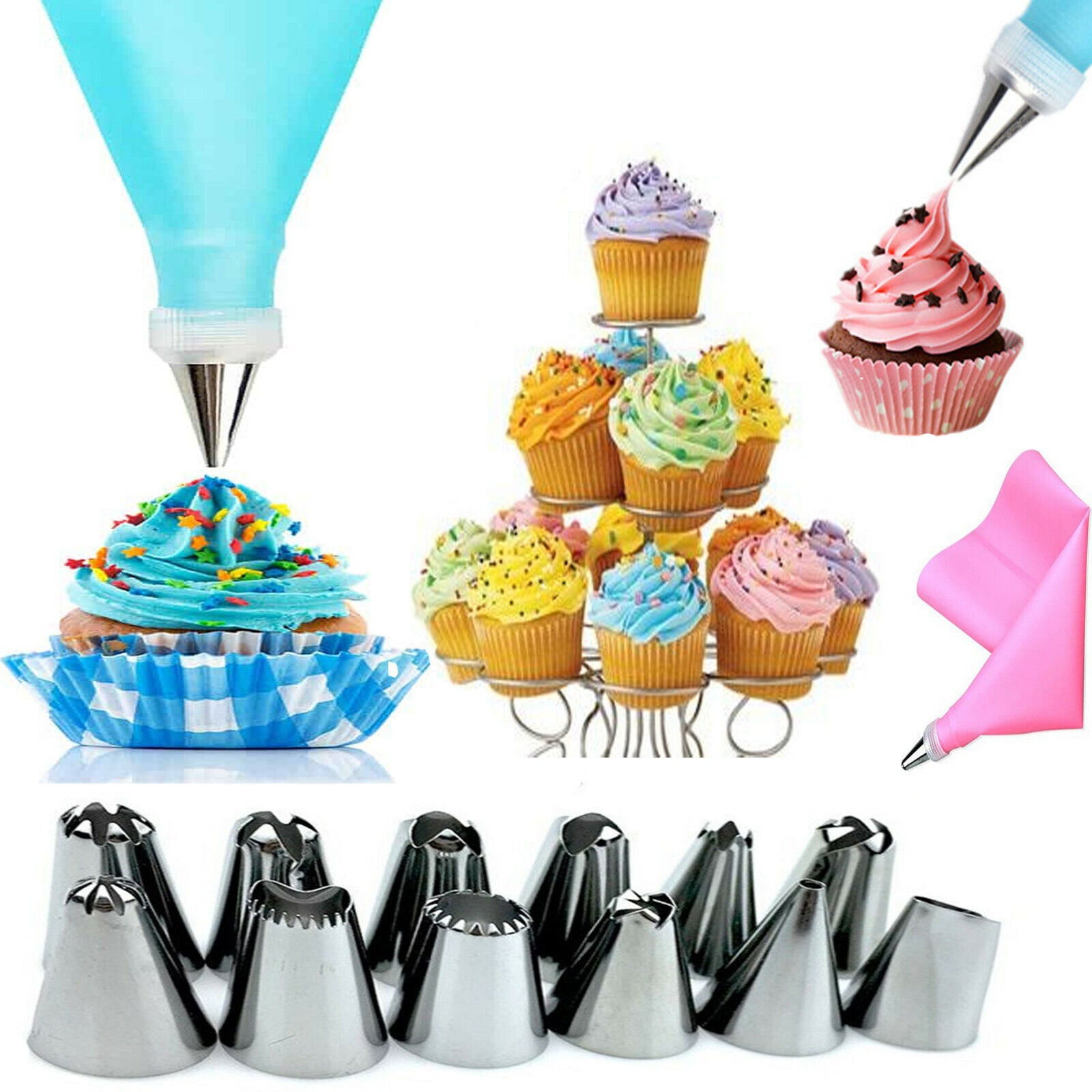 CAKE PIPING ICING 14Pcs CUPCAKE DECORATING COTTON BAG NOZZLE SET SUGARCRAFT CUP - Esellertree