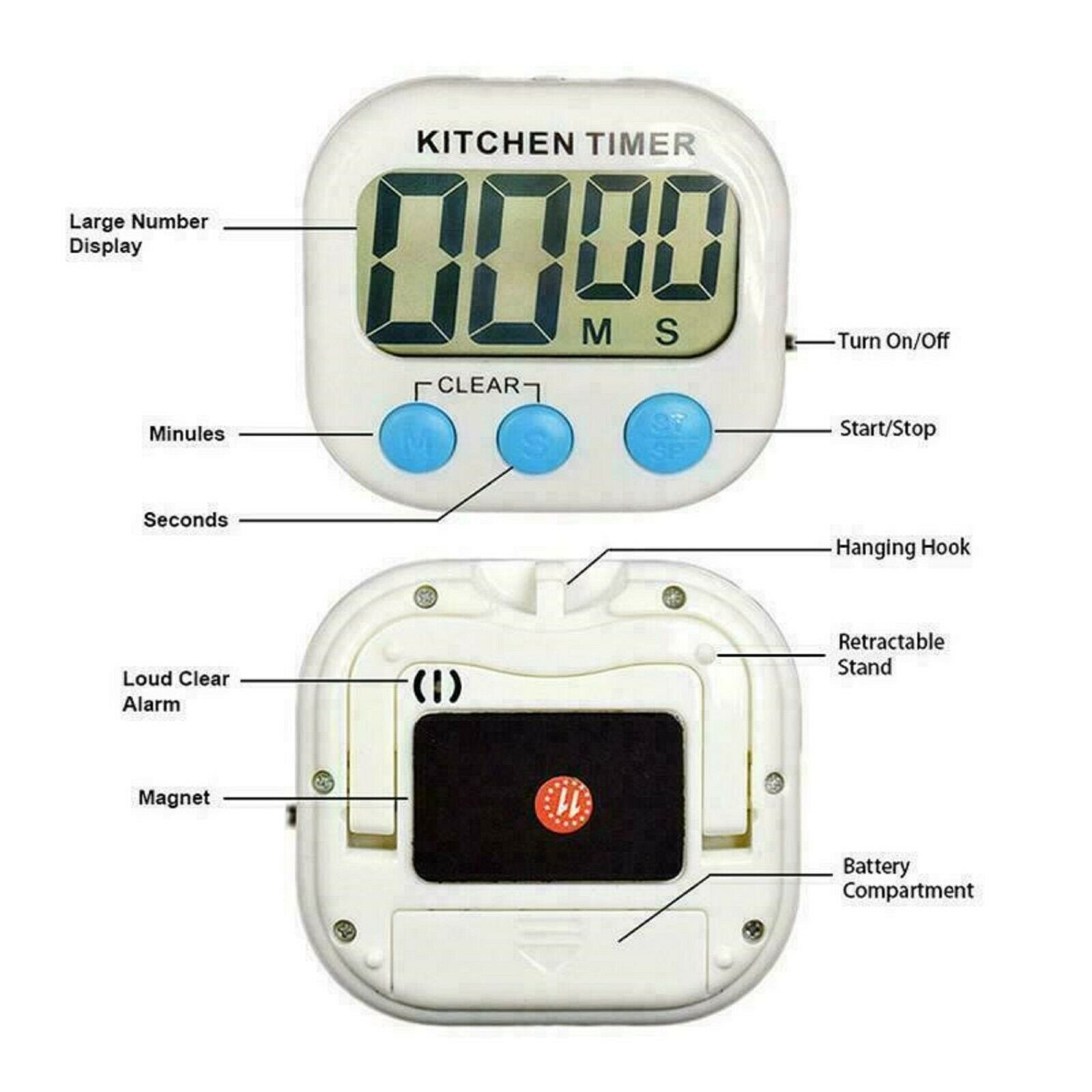 Kitchen Egg Cooking Magnetic Timer Clock Stopwatch Large LCD Digital Loud Alarm - Esellertree