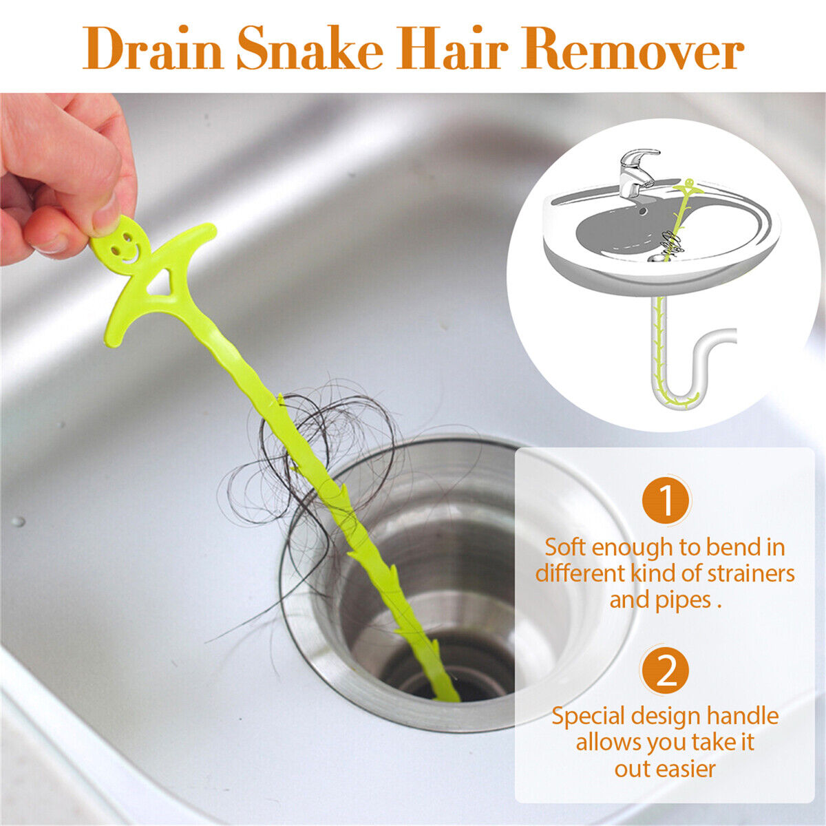 51cm Long Drain UnBlocker Stick Tool Hair Remover Sink Shower Bath Cleaner Snake - Esellertree