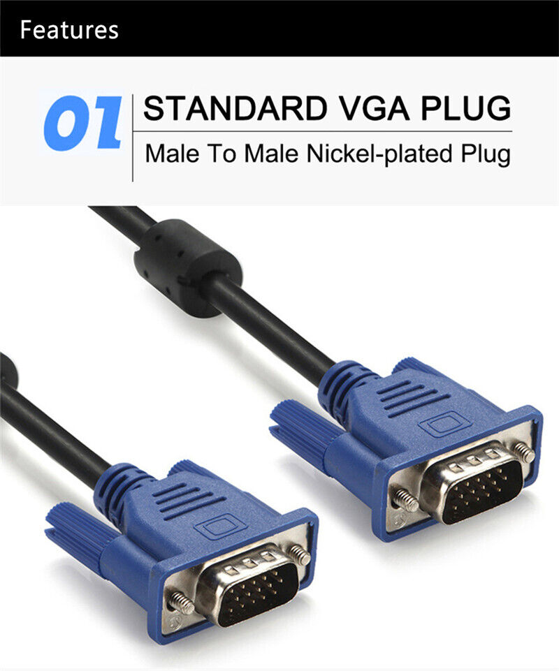 VGA Cable 1M VGA SVGA D-Sub Male 15 Pin PC to TFT LCD Monitor TV Lead UK - Esellertree