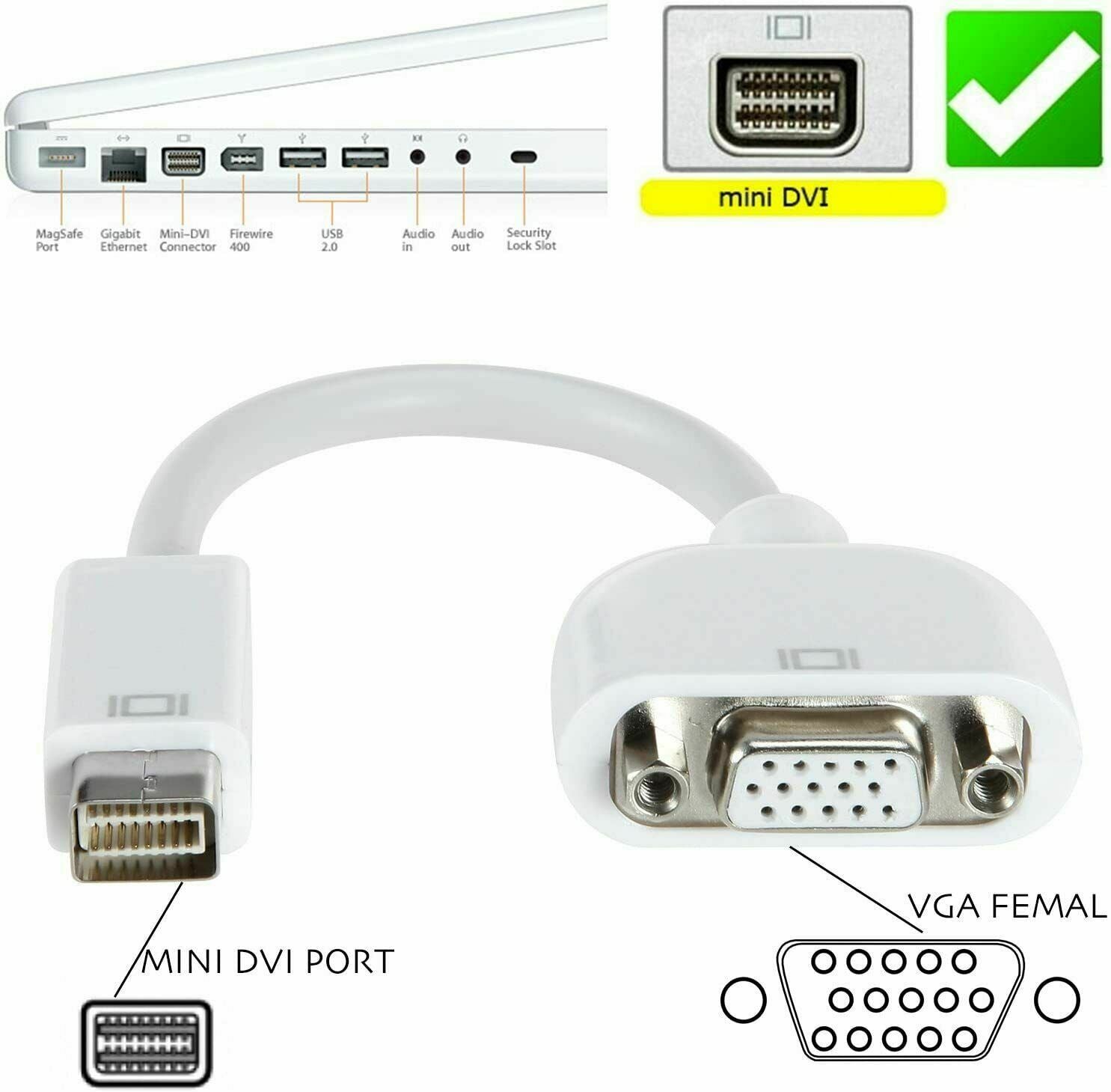 Mini DVI Port to VGA Adapter for Apple iMac MacBook Mac Display Monitor Projector - Esellertree